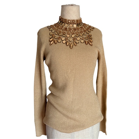 Tops - Vtg Once Again Womens M Gold Sequin Beaded Ribbed Knit Long Sleeve Sparkle Top
